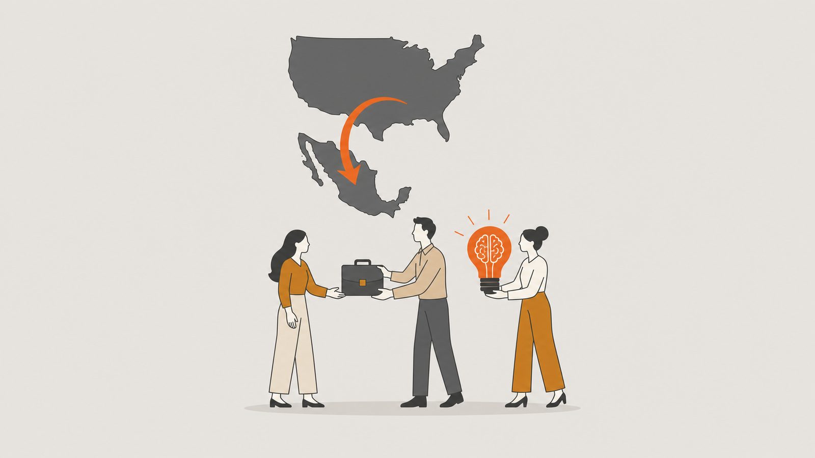 Flecha color naranja en arco desde Estados Unidos hacia México mientras figuras reciben experiencia entrante.