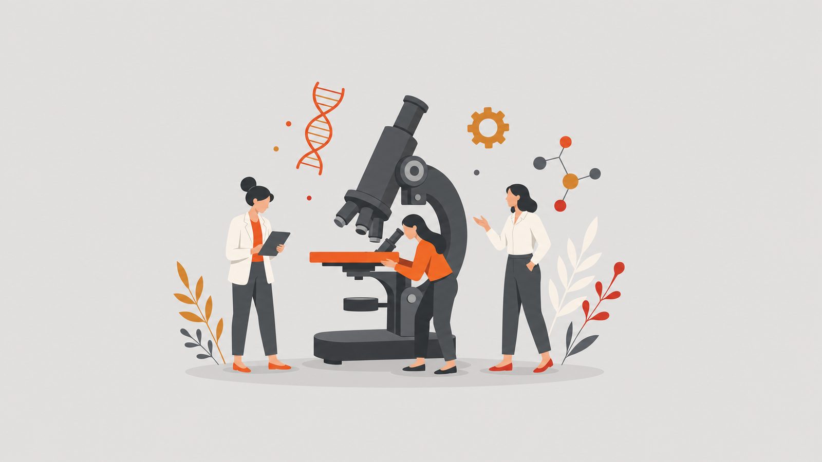 Tres científicas trabajando con un microscopio iluminado en color naranja e iconografía STEM.