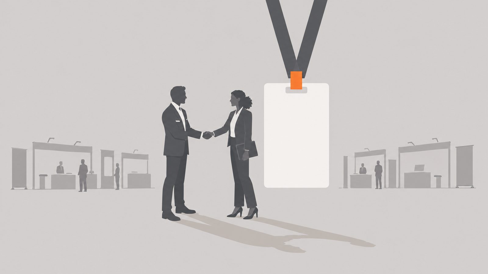 Editorial illustration of two figures meeting beside a large conference badge, with a small ak-orange marker on a stone-gray field.