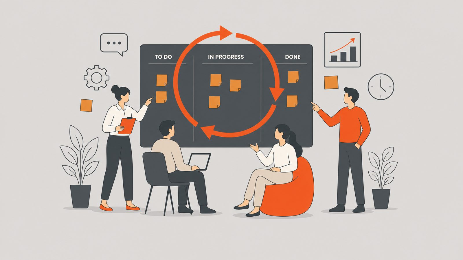 Equipo ágil formando un círculo alrededor de un ciclo de sprint naranja sobre un tablero kanban.