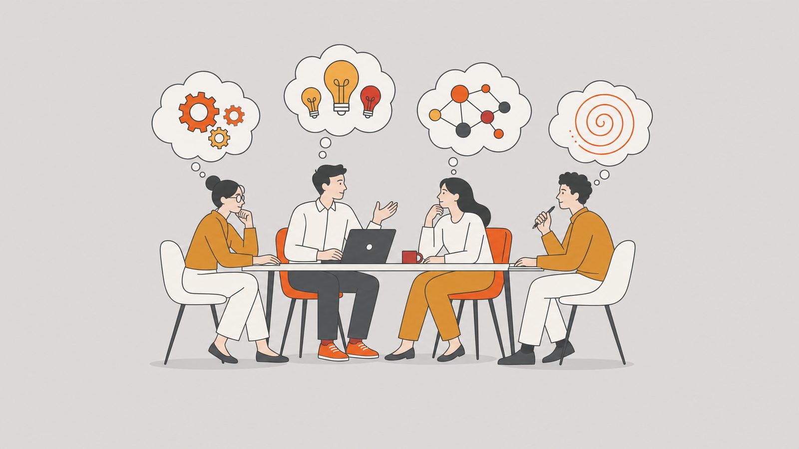 Cuatro figuras con patrones de pensamiento distintos colaborando alrededor de una mesa.