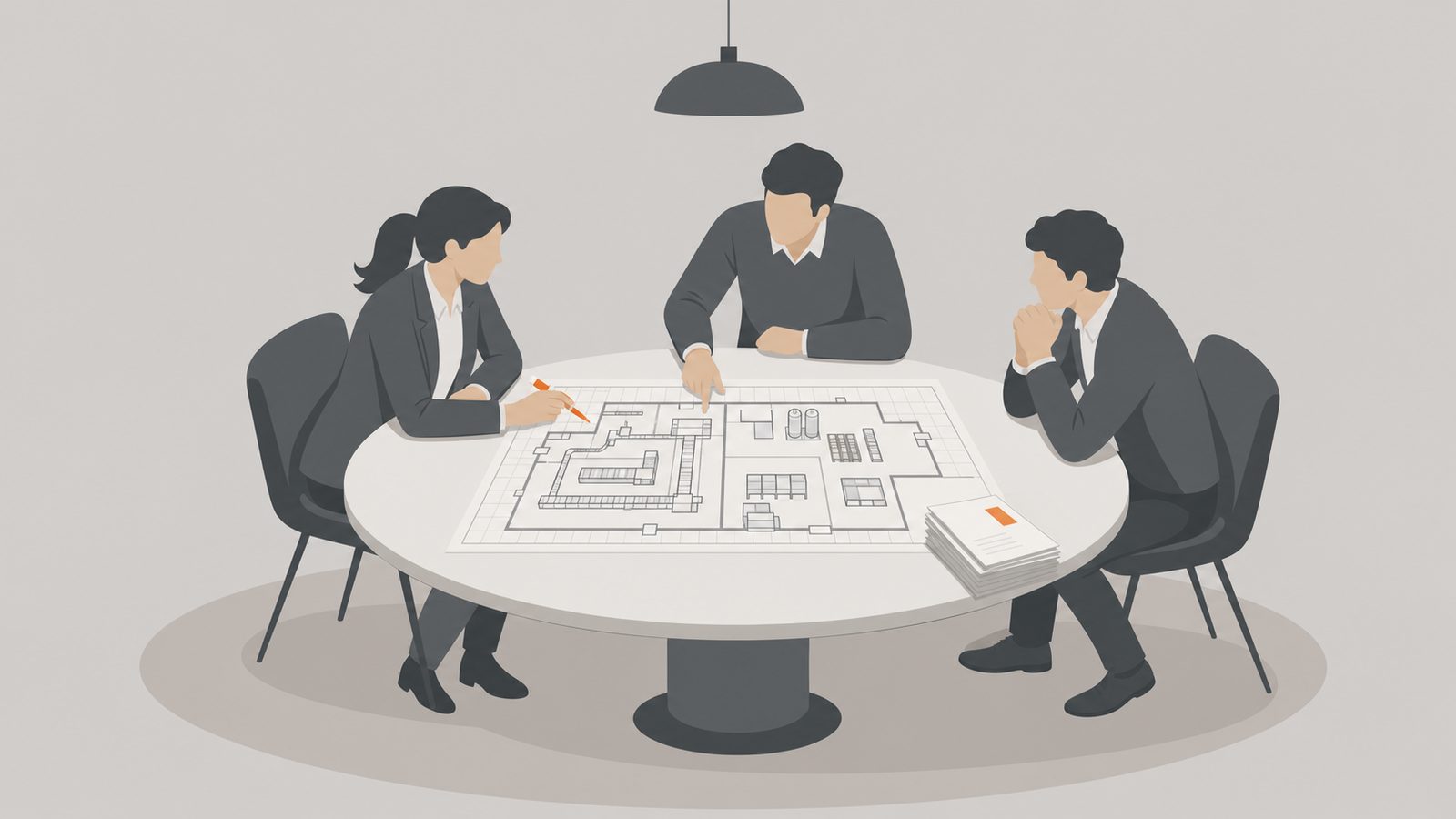 Editorial illustration of a board around a table evaluating the profile of an operations director for Mexico — ak-graphite figures on an ak-stone field with a restrained ak-orange accent.