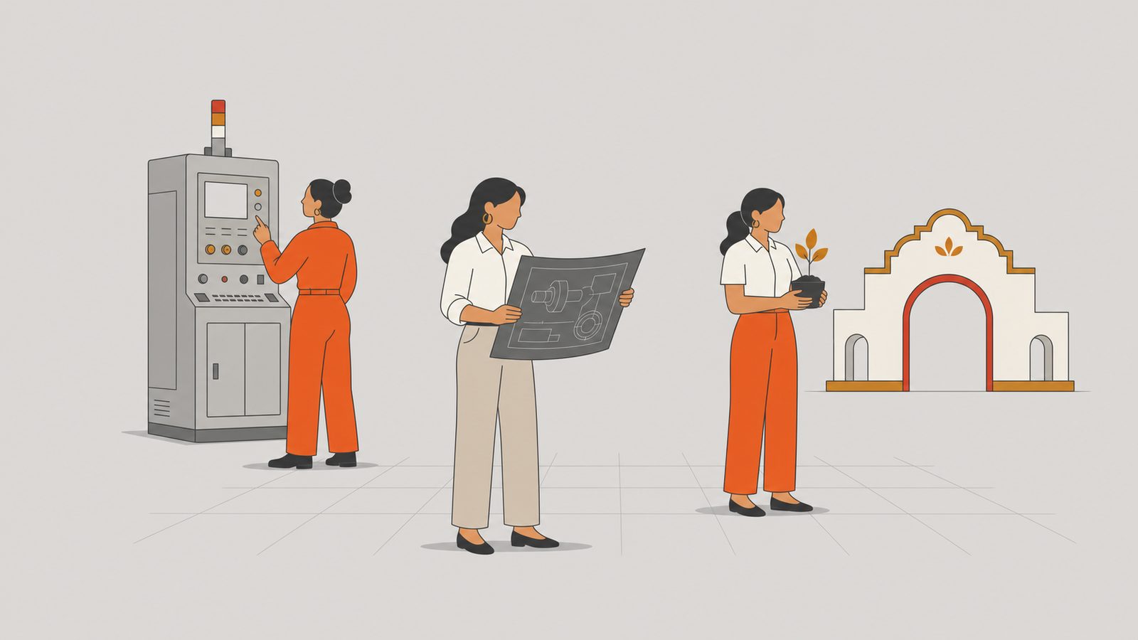 Tres profesionales latinas en el piso de una planta con un arco mexicano al fondo.