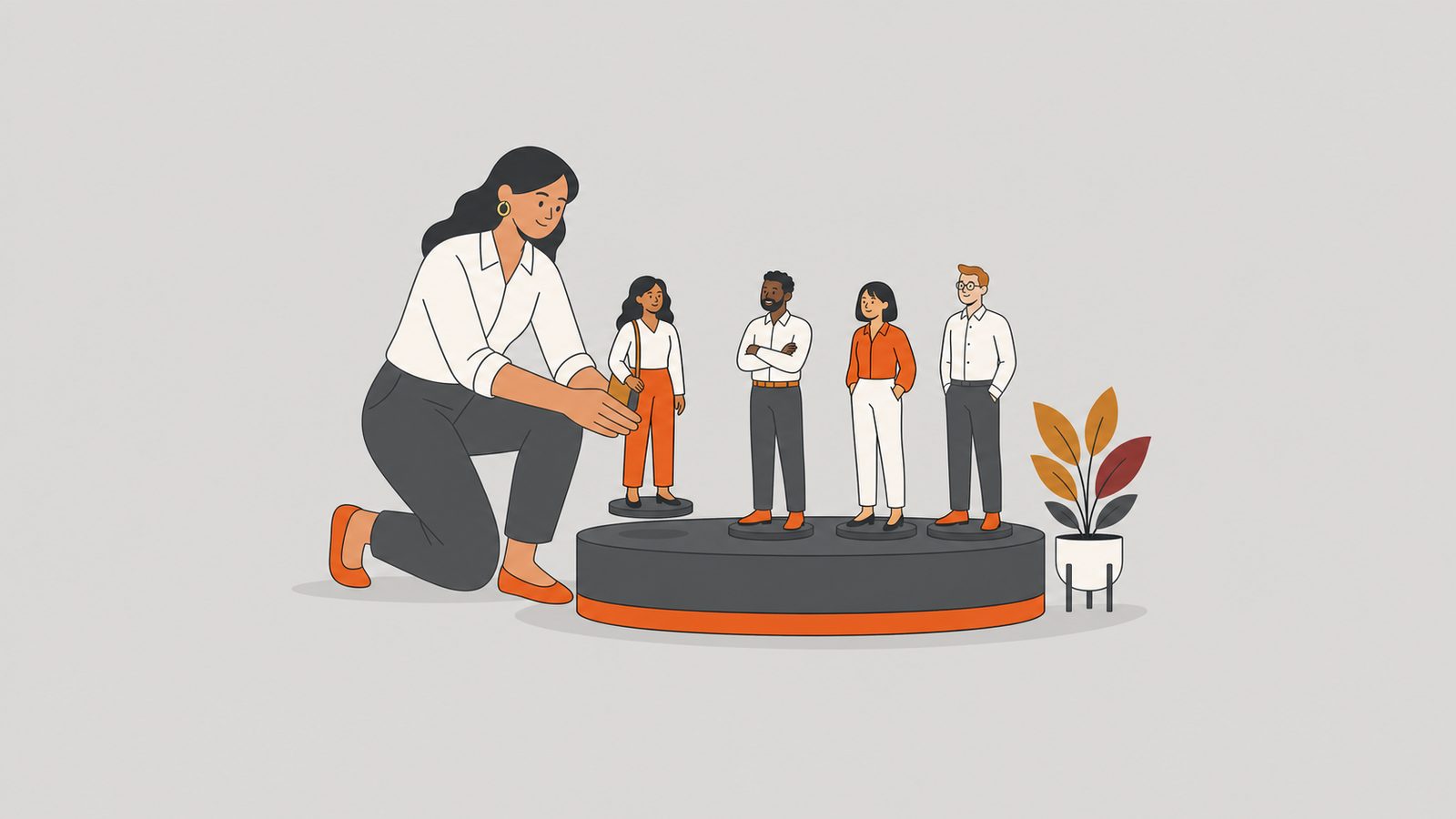 Consultora de búsqueda colocando a un equipo diverso sobre una plataforma en tono naranja.