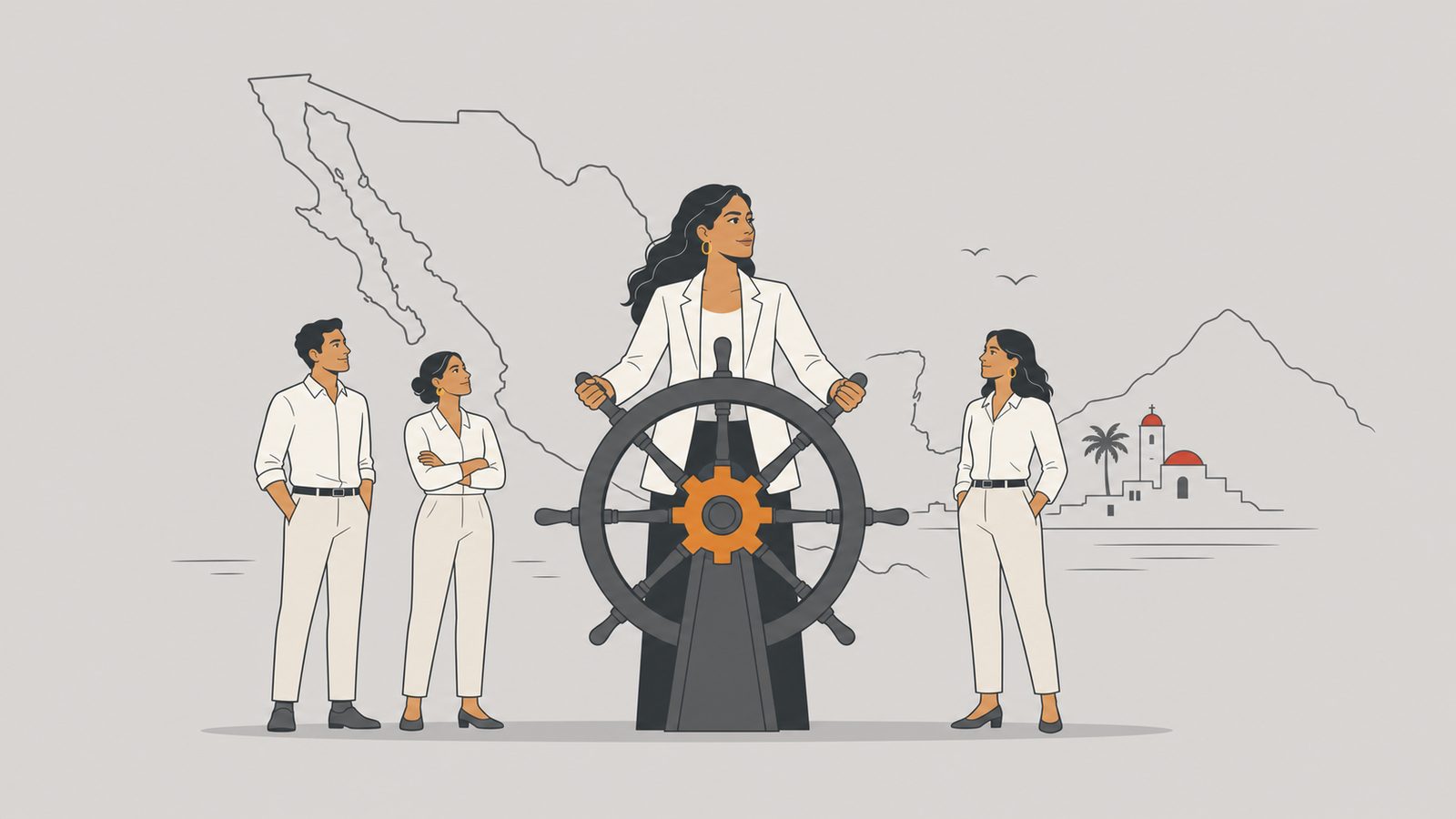 Directiva latina en el timón de un barco, con el apoyo de su equipo y la costa mexicana de fondo.